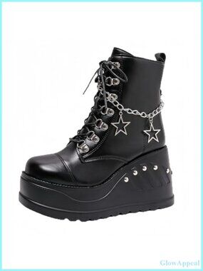 Faux Leather Gothic Platform Combat Ankle Boots with Bat Wings